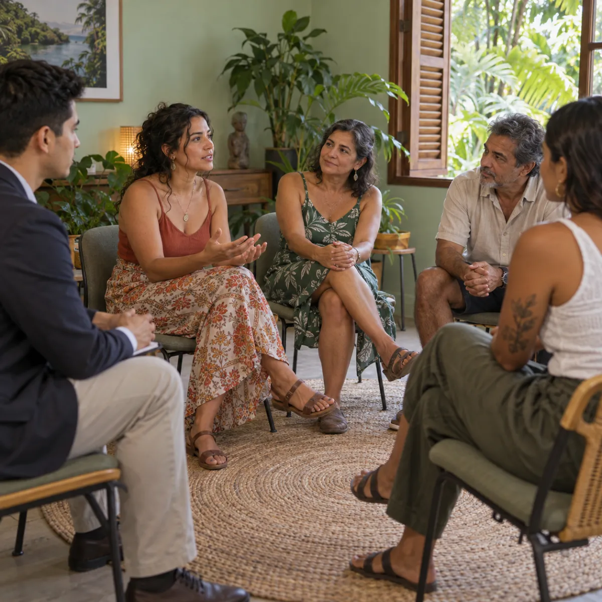Grupo de personas en círculo durante una sesión de terapia grupal en Escazú