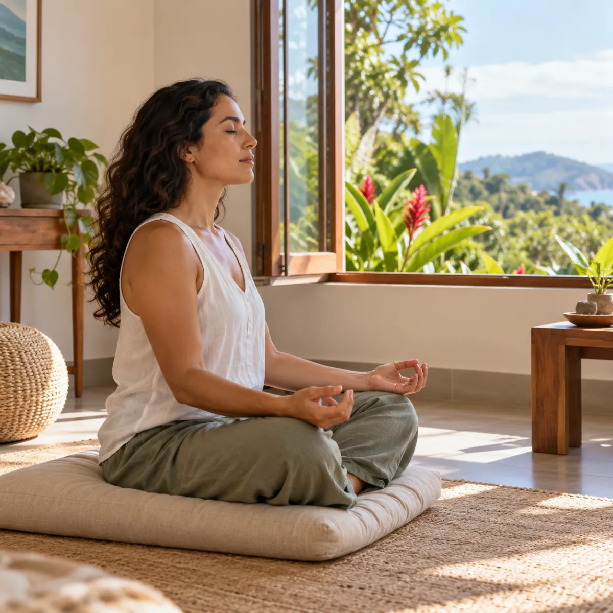 Mujer practicando meditación mindfulness junto a una ventana en Escazú