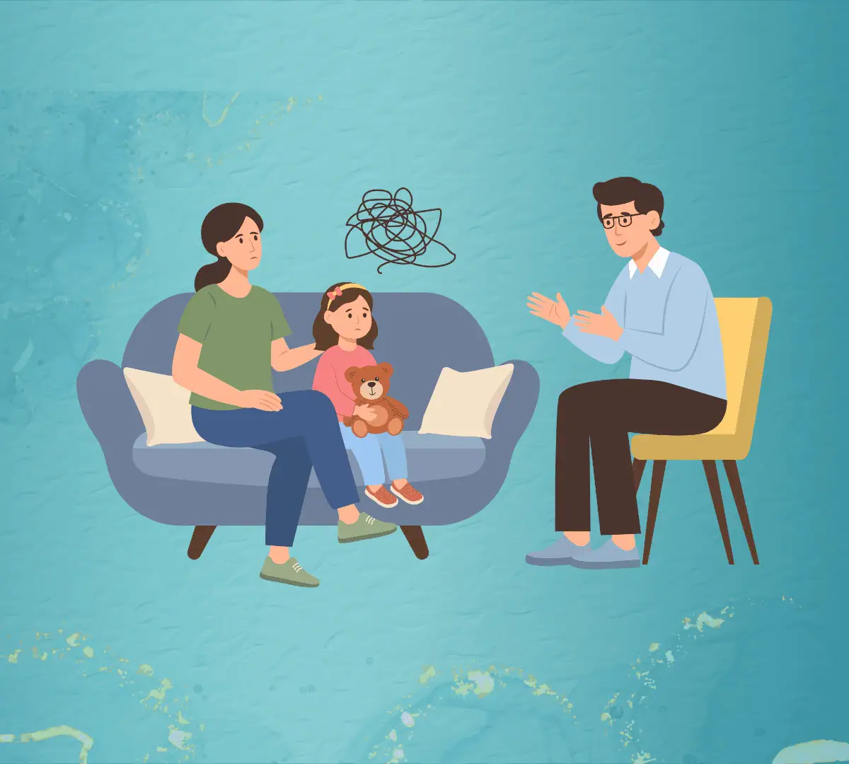 Ilustración de una familia con su hijo en una sesión con un psicólogo infantil