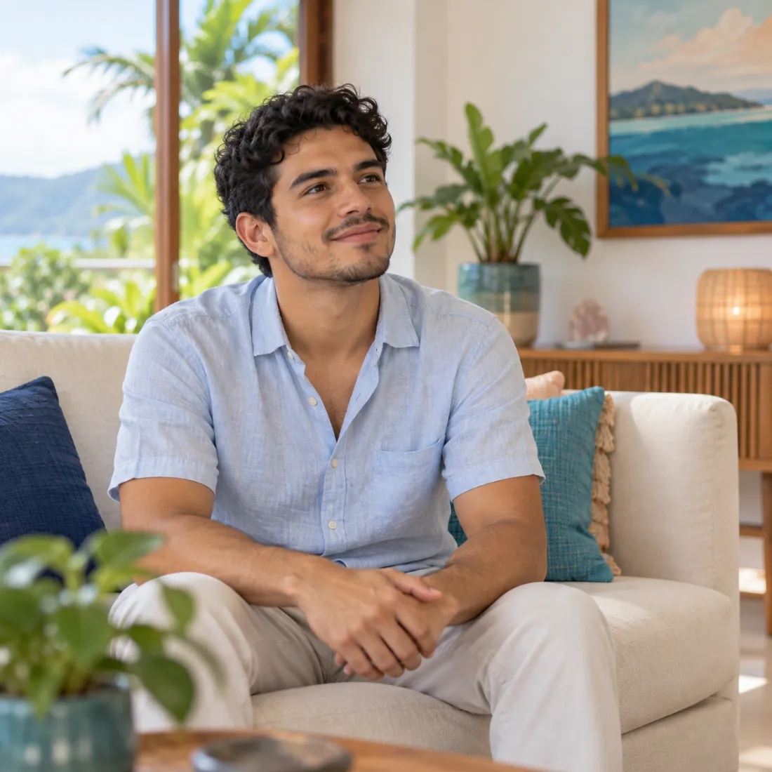 Hombre sonriente en una sesión de Terapia Cognitivo-Conductual (TCC) en Escazú
