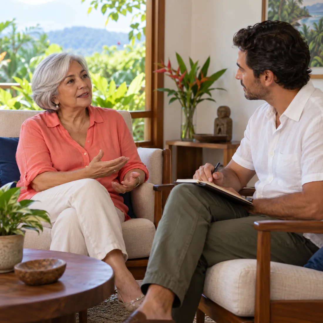 Psicólogo y paciente conversando en una sesión de terapia en Escazú
