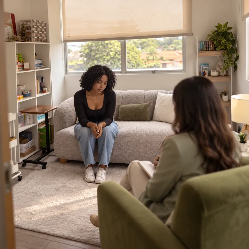 Mujer en sesión de terapia TREC con su psicóloga en Mindful Therapy