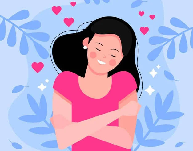 Ilustración de una mujer que se abraza a sí misma con una sonrisa, símbolo de una autoestima sana