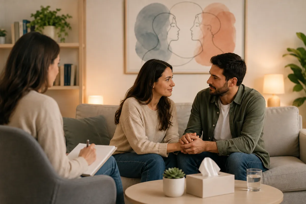 Pareja tomada de la mano durante una sesión de terapia de pareja